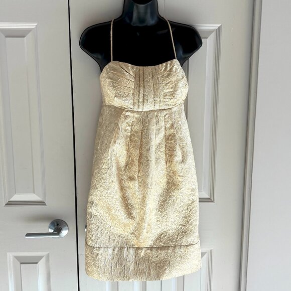 BCBG Gold Brocade Mini Dress – Adjustable Straps, Fully Lined, Elegant Cutout 4 - Picture 2 of 11